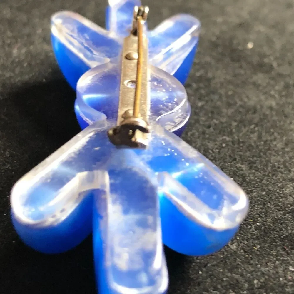 Blue Moonglow Lucite Puffy Bow Flower Brooch Vintage Retro Modernist